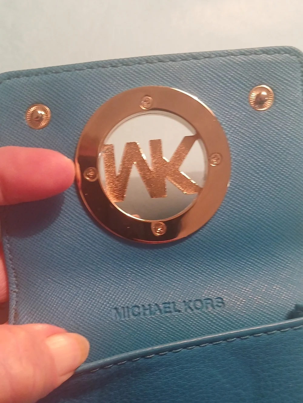 Michael Kors Blue Pebbled Leather Rose Gold MK Logo Flap Card Case Mini Wallet
